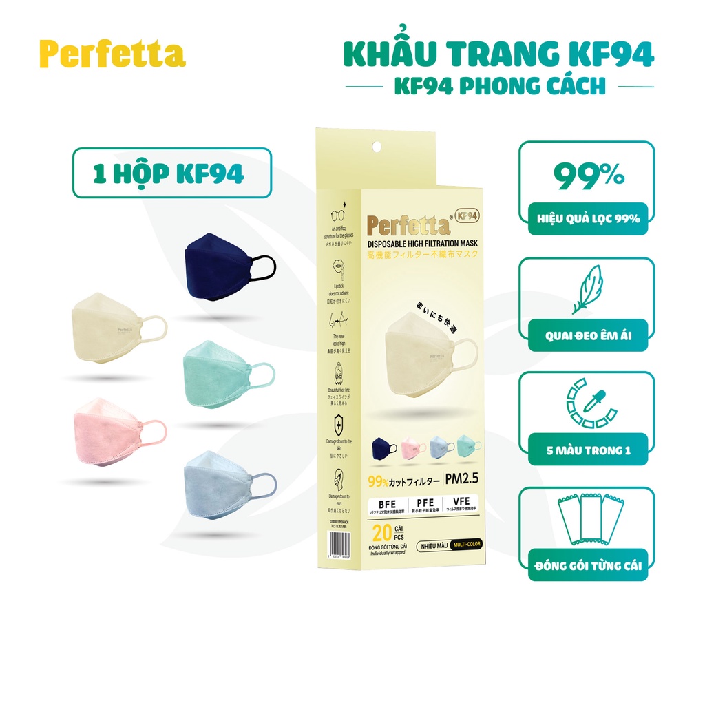 Khẩu Trang Y Tế Cao Cấp Perfetta KF94, Thanh Nẹp Mũi Mềm Mại (20 Cái/Hộp)