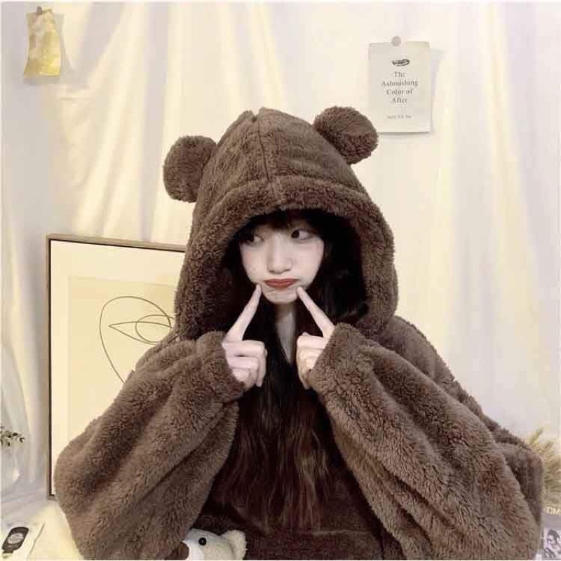 Bộ lông nam nữ Tai GấuĐồ ngủ mùa Đông mặc nhà hoodie Ullzang phong cách Hàn Quốc☘️Lông cừu giữ nhiệt,dày dặn Free ship