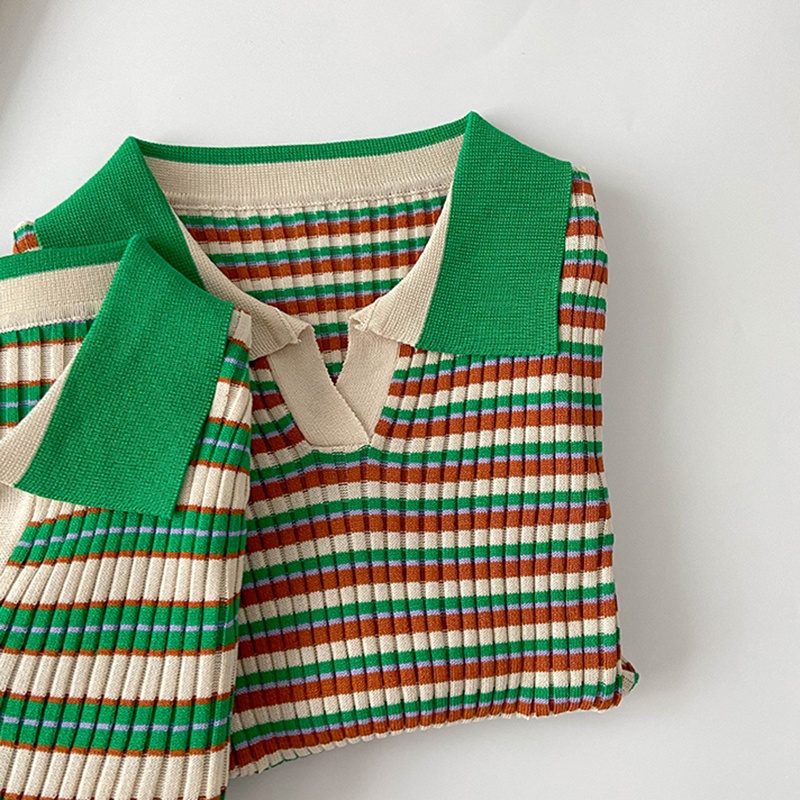 Áo Croptop Len Mongtoghi Kẻ Cổ Bẻ Cộc Tay Co Giãn Thời Trang Sugal TOP NU 049