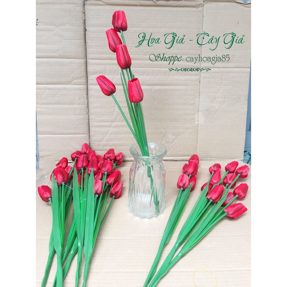 Hoa giả _ Hoa Tulip vải lụa 5 bông cành cao 53cm
