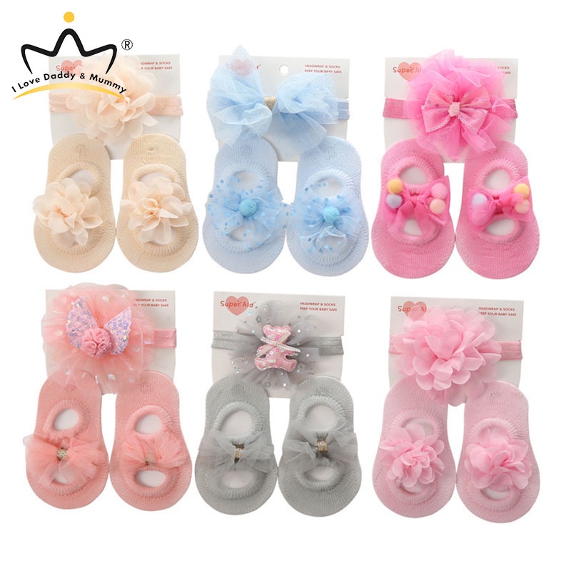 Set 2 Băng Đô/Băng Đô/Vớ Màu Trơn Kiểu Công Chúa Cho Bé Gái Sơ Sinh