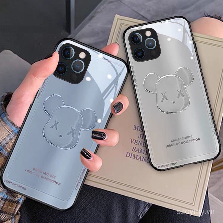 Ốp điện thoại mặt kính mạ điện hình gấu cho IPhone 11 12 13 Pro Max Xs Xr 7 8 Plus
