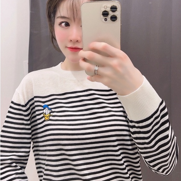 Áo sweater ZHELIHANGFEI dệt kim dáng rộng họa tiết kẻ sọc phong cách retro thời trang trẻ trung