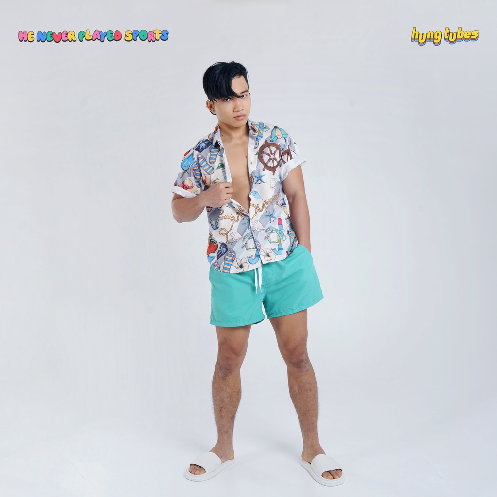 Quần màu xanh đi biển Hungtubes, Sơ mi họa tiết đi dạo phố, đi chơi.