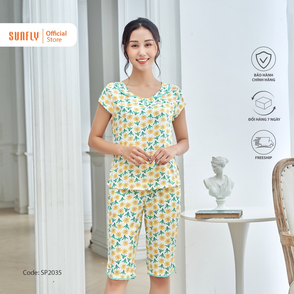 Bộ đồ mặc nhà nữ pijamas lanh SUNFLY áo cộc quần trên gối SP2035