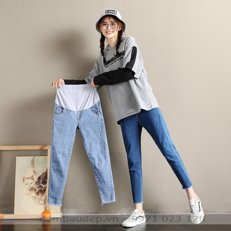  Quần jean bầu baggy 4 màu, chất jean mềm co giãn mặc thích