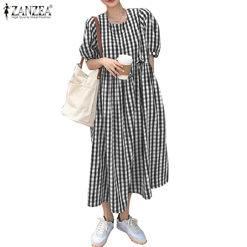 Đầm Nữ Zanzea Ngắn Tay Cổ Vuông Họa Tiết Ca Rô Form Dài Thời Trang Hàn Quốc