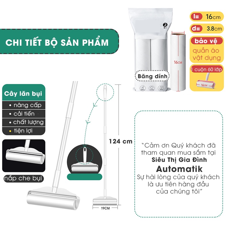 Cây Lăn Bụi Cán Dài Làm Sạch Quần Áo Ga Giường Sofa Sàn Nhà Có Nắp 16cm, 24cm Lăn Lông Tóc Siêu Dính Siêu Tốc Automatik