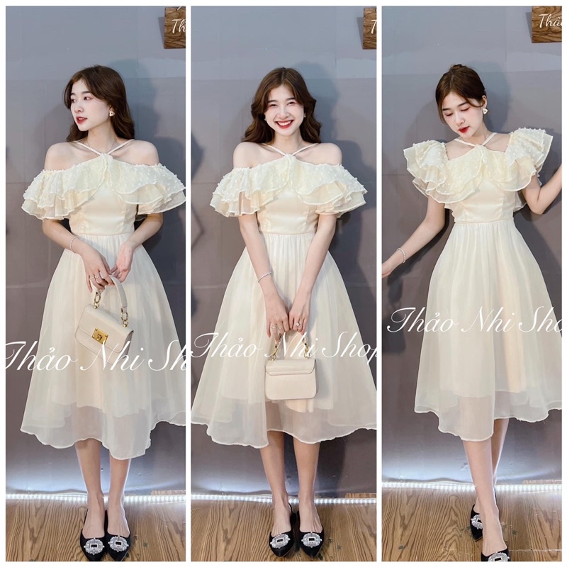 Đầm Maxi Tơ Be Cổ Yếm Bèo Trễ Vai Có Ảnh Thật, Váy Maxi Trễ Vai BeTiểu Thư