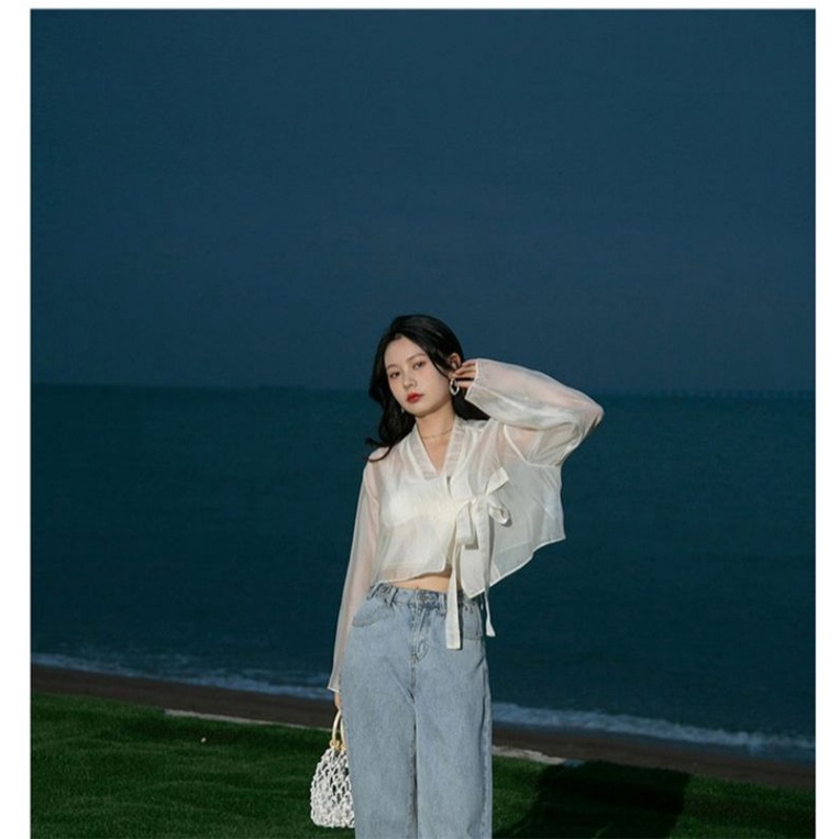 Áo khoác ngoài voan mỏng đi biển thắt nơ hanbok cách tân