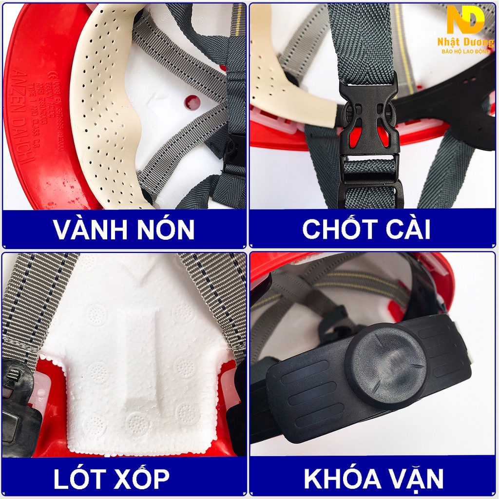 Mũ bảo hộ lao động màu đỏ khóa vặn có lót xốp N08,  Nón bảo hộ lao động Nhật Dương cho giám sát an toàn