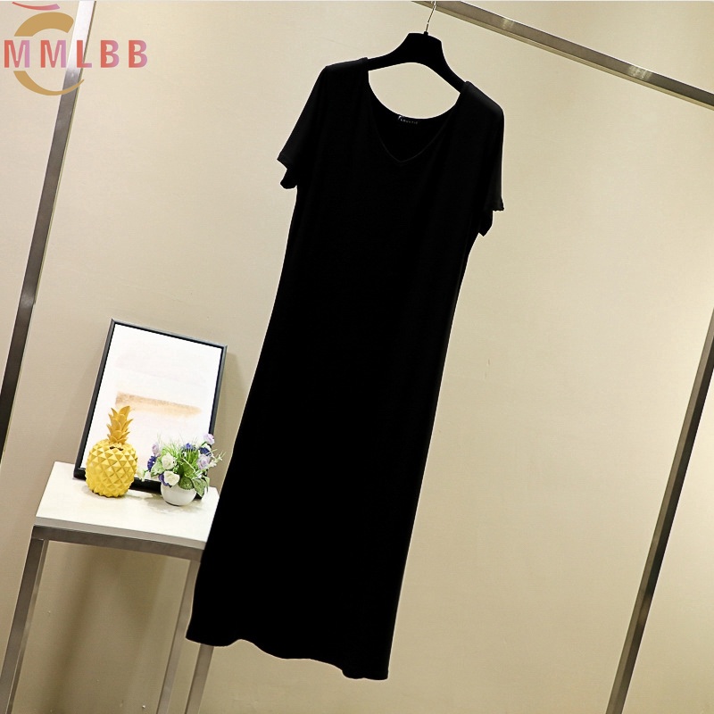 Đầm Dài Dáng Chữ A Tay Ngắn Cổ Chữ V Màu Đen Trơn Phong Cách Hàn Quốc Size L-XL Thời Trang Mùa Hè Cho Nữ