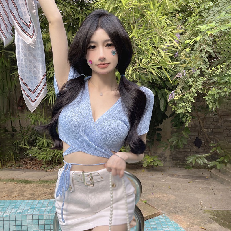 Áo Croptop Dệt Kim Tay Ngắn Cổ Chữ V Màu Sắc Trơn Cột Dây Phong Cách Hàn Quốc Thời Trang Cho Nữ
