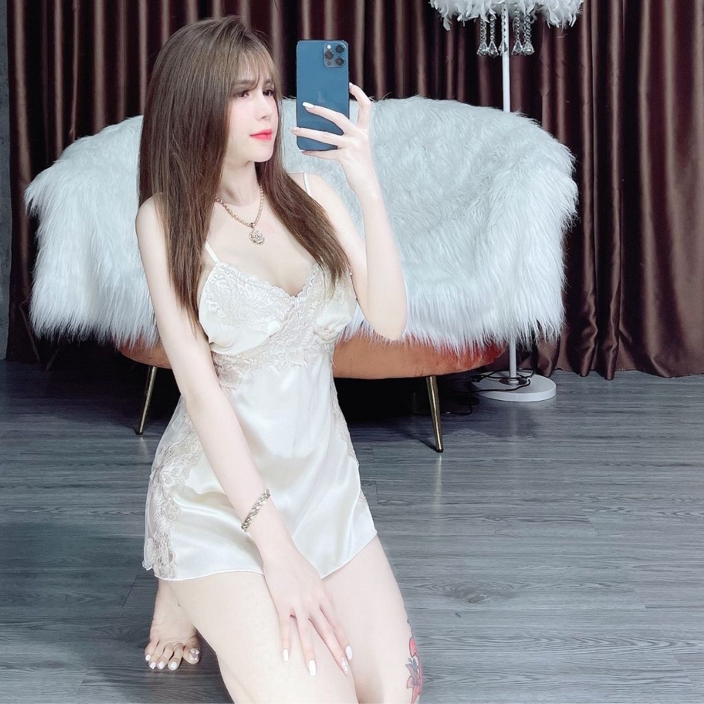 Váy ngủ sexy, Đầm ngủ sexy lụa Satin Chất Siêu Mát Dáng Siêu Xinh &lt;58kg