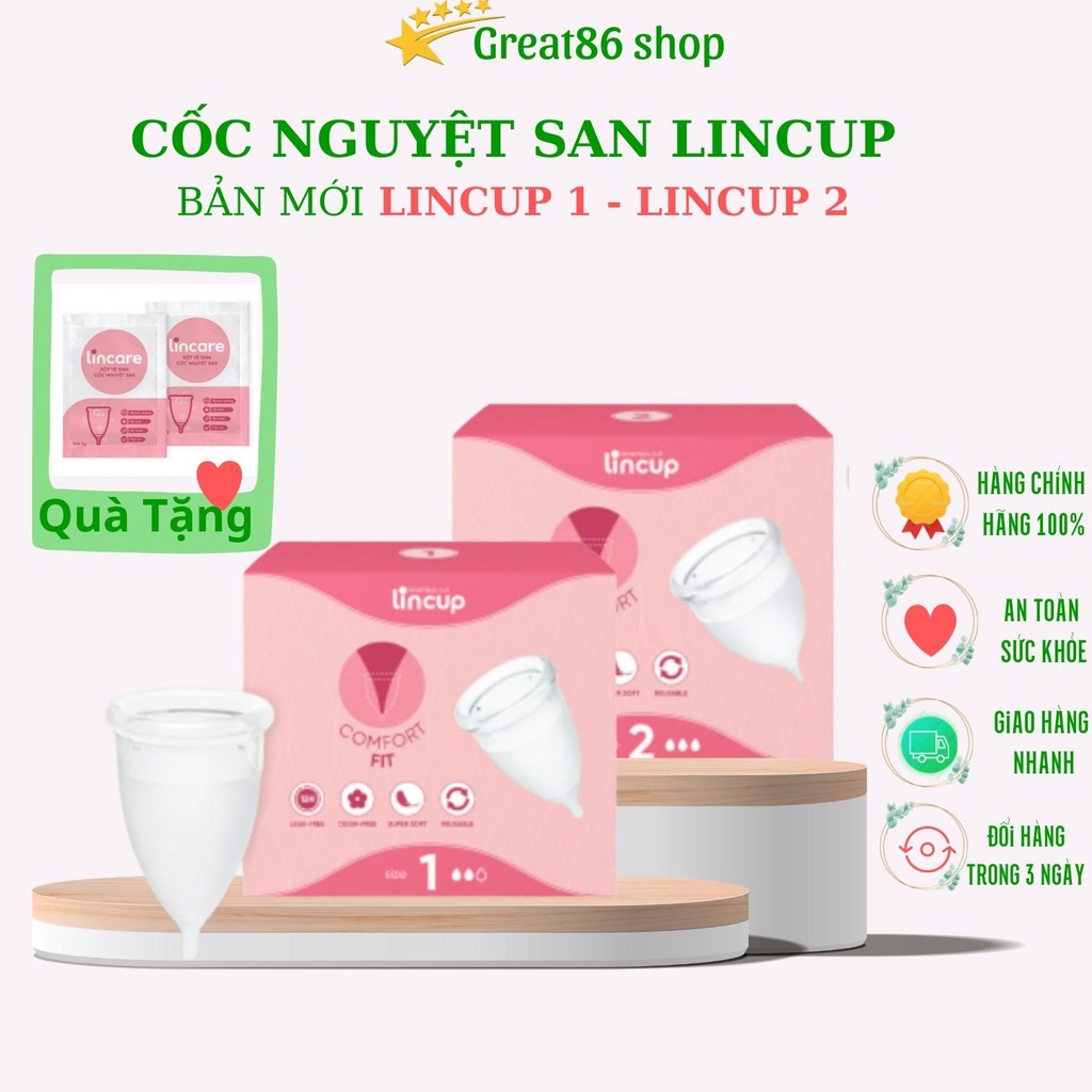 Cốc nguyệt san Lincup great86 Lincup làm từ 100% silicone y tế đạt chuẩn FDA Hoa Kỳ siêu mềm có 2 size- tặng 2 gói bột