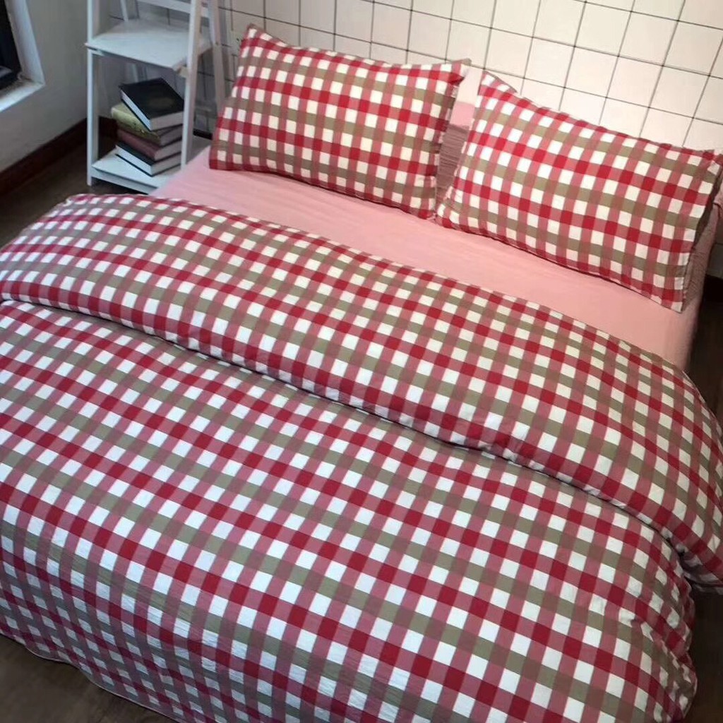 [ảnh thật] Bộ chăn ga gối đũi muji xuất nhật - kẻ đỏ giá rẻ