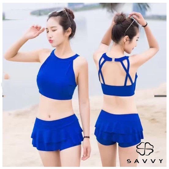 (Xanh coban) Đồ bơi, bikini 2 mảnh áo tắm cổ yếm, quần giả váy 3 màu xanh đen đỏ Savvy cao cấp nổi bật | WebRaoVat - webraovat.net.vn