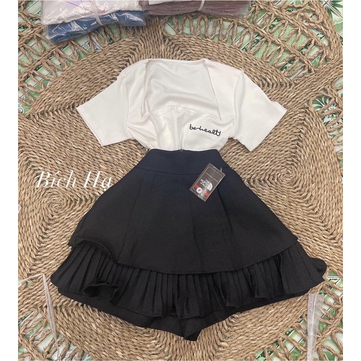 Set váy 2 tầng xếp li + croptop cổ vuông thêu chữ