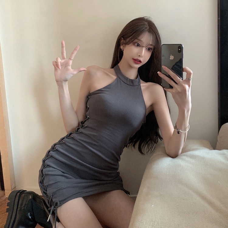 Váy ôm gợi cảm Mùa hè Hàn quốc Đầm body xếp ly dây rút kiểu dáng hot girl phong cách