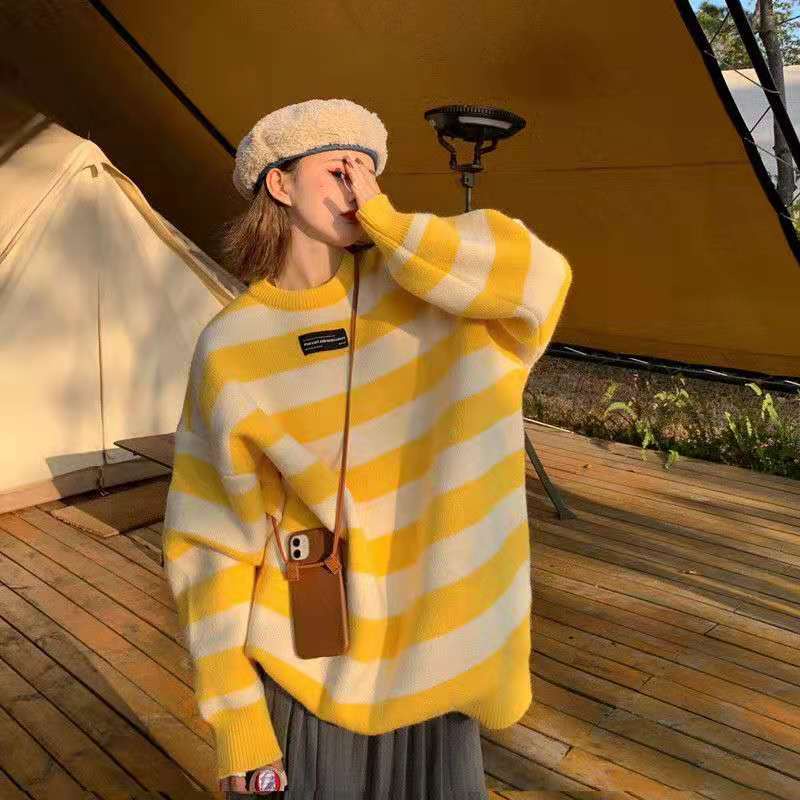 💗Áo Sweater dệt kim tay dài thiết kế trẻ trung💗Áo thun dáng rộng cỡ lớn thời trang mùa thu đông ấm áp