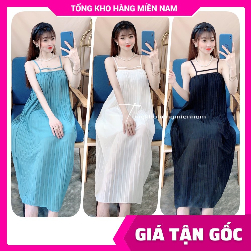 Đầm maxi suông dập li nữ 2 dây (bầu bí bon chen dễ thương) chất voan mềm mát Đầm bầu TP113