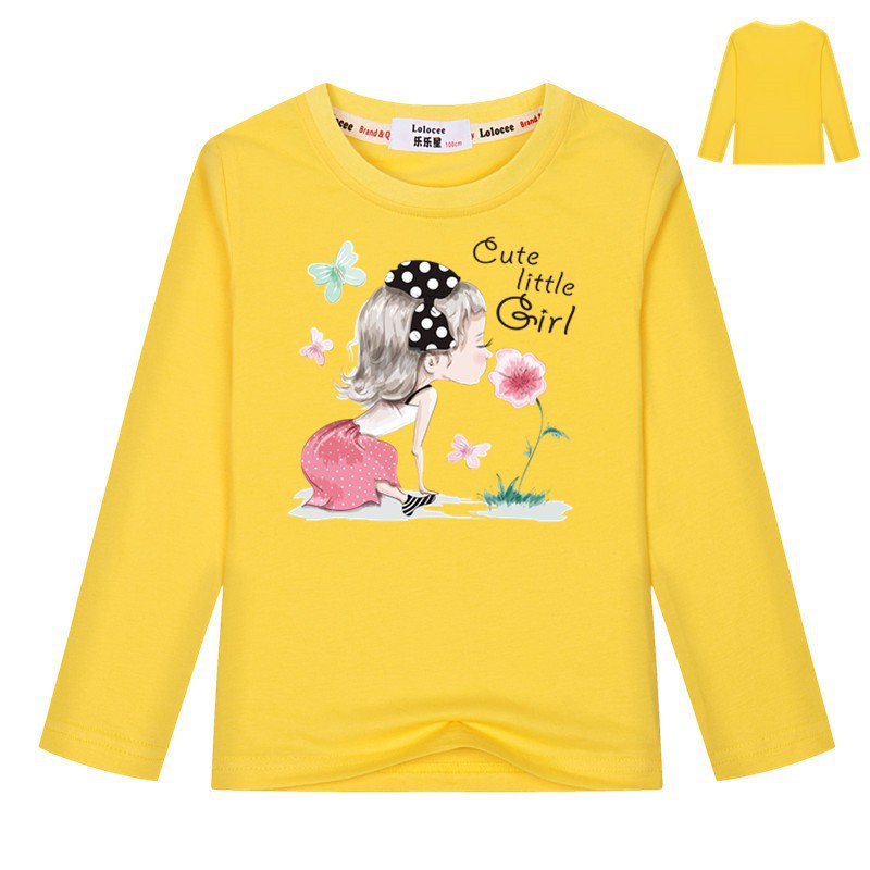 Bé gái Áo thun cotton dài tay dễ thương Cô bé dễ thương Hoa Kawaii Áo Tee