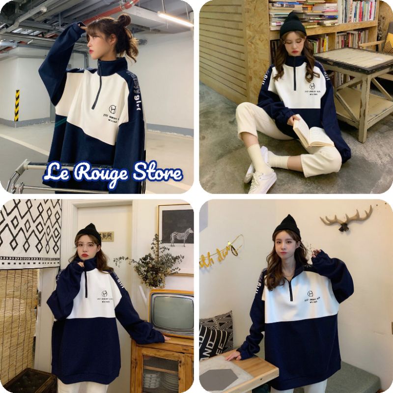 Áo sweater nỉ da cá dáng rộng trắng và xanh than màu cá tính dáng rộng cổ cao kéo khóa ulzzang (ảnh thật