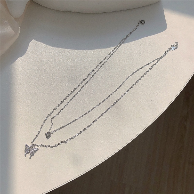 Vòng cổ Hai Lớp Mạ Bạc Phối Mặt Hình Bướm Đính Tua Rua Thời Trang Dành Cho Nữ