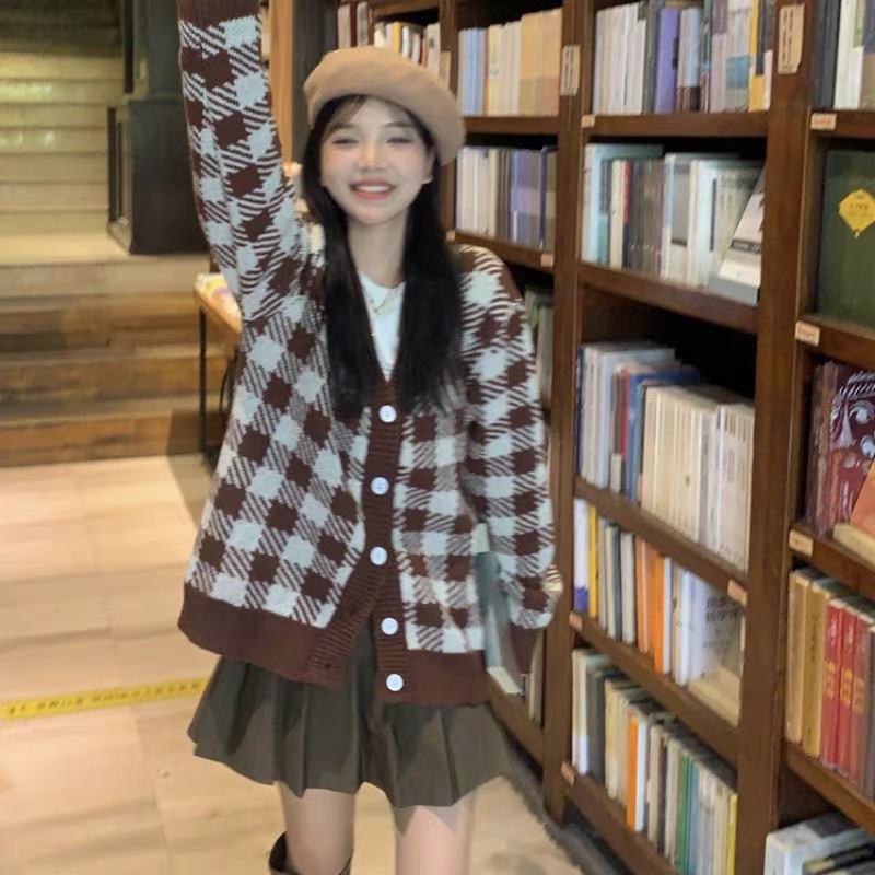 Áo Cadigan nữ Vintage kẻ vuông phong cách hàn quốc - CLG06