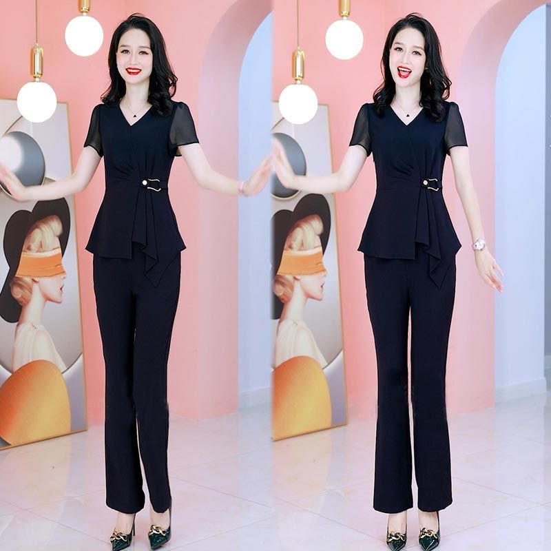 Set Áo Thun Ngắn Tay Màu Trơn Và Quần Ống Rộng Thời Trang Mùa Hè Phong Cách Hàn Quốc Mới Cho Nữ