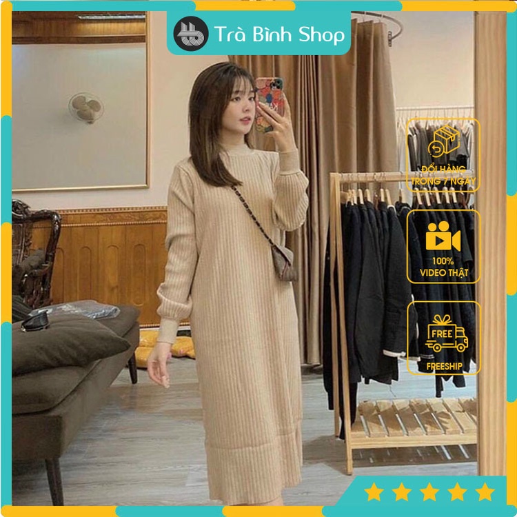 Đầm len tăm tay bo chun dáng suông cổ cao Váy dài form rộng 3 màu giữ nhiệt tốt