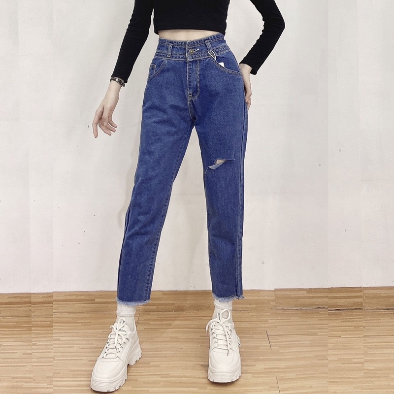 Quần baggy jean nữ cao cấp rách gối form lững dễ thương, chất vải denim dày dặn Tulibs 275 | BigBuy360 - bigbuy360.vn