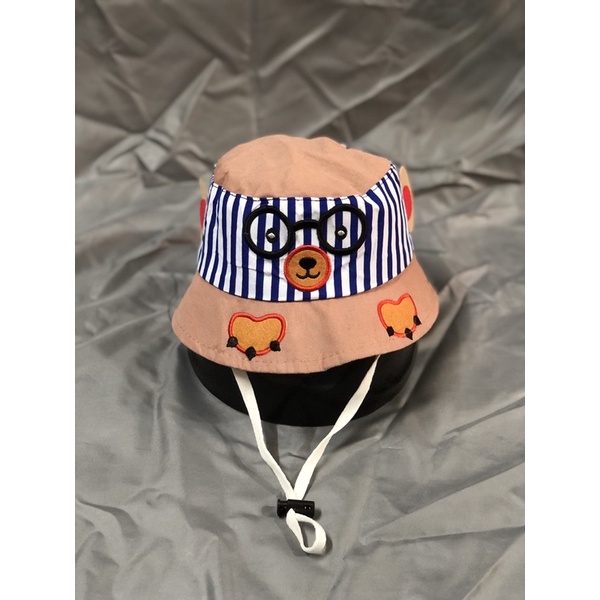 Nón bo cho bé từ 1-3 tuổi phối sọc thêu gấu mắt kính - Nón vành bé
