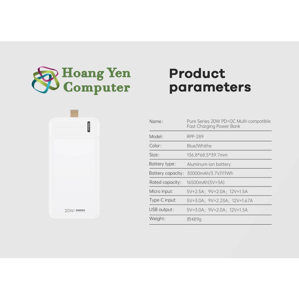 Sạc Dự Phòng Remax RPP-289 30000Mah (Sạc Nhanh QC3.0 18W, PD 20W) - BH 1 Năm - Hoàng Yến Computer