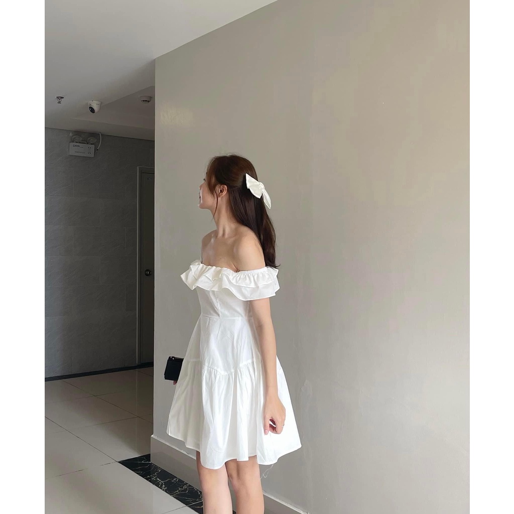 [Sẵn/ảnh thật] Váy trễ vai hồng phấn trắng chun sau tiểu thư siêu xinh đầm xinh đi chơi