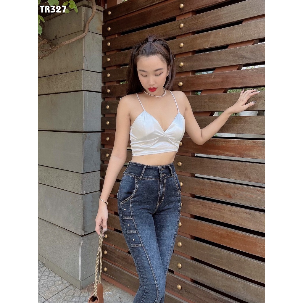 Quần jean nữ kiểu sườn 3 dây lưng cao ôm chuẩn chất co giãn màu xám tây TR327