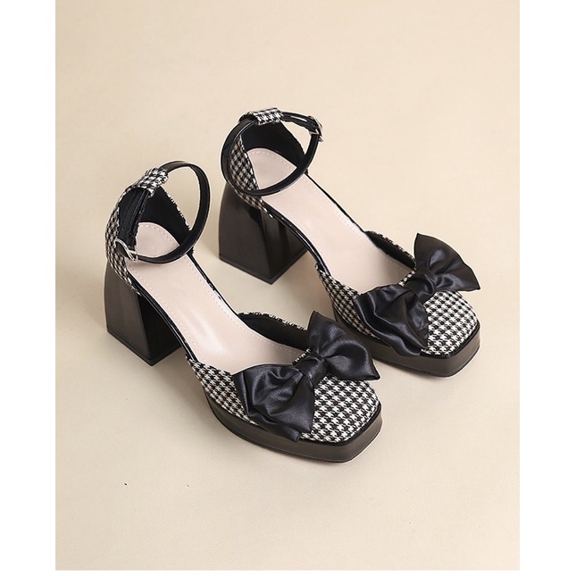 Giày cao gót nữ đế trụ phối nơ hoạ tiết karo siêu xinh