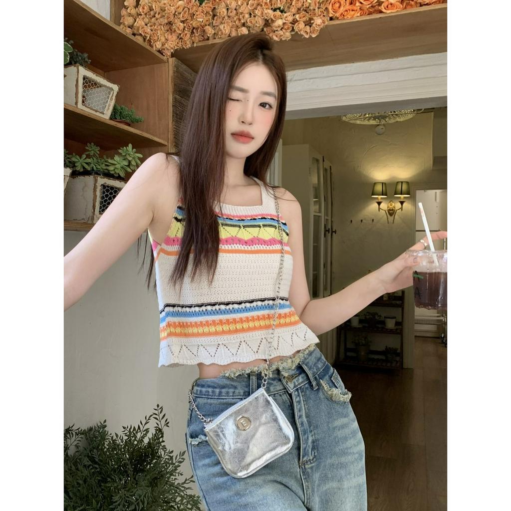 ZHELIHANGFEI Áo Dệt Kim Không Tay Màu Sắc Tương Phản Phong Cách Retro Dành Cho Nữ