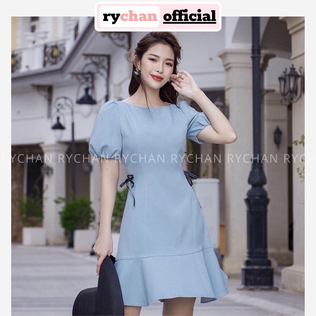 [ẢNH THẬT CUỐI] Đầm Xoè Xám Xanh Nơ Eo Tay Phồng Đuôi Cá - DX059