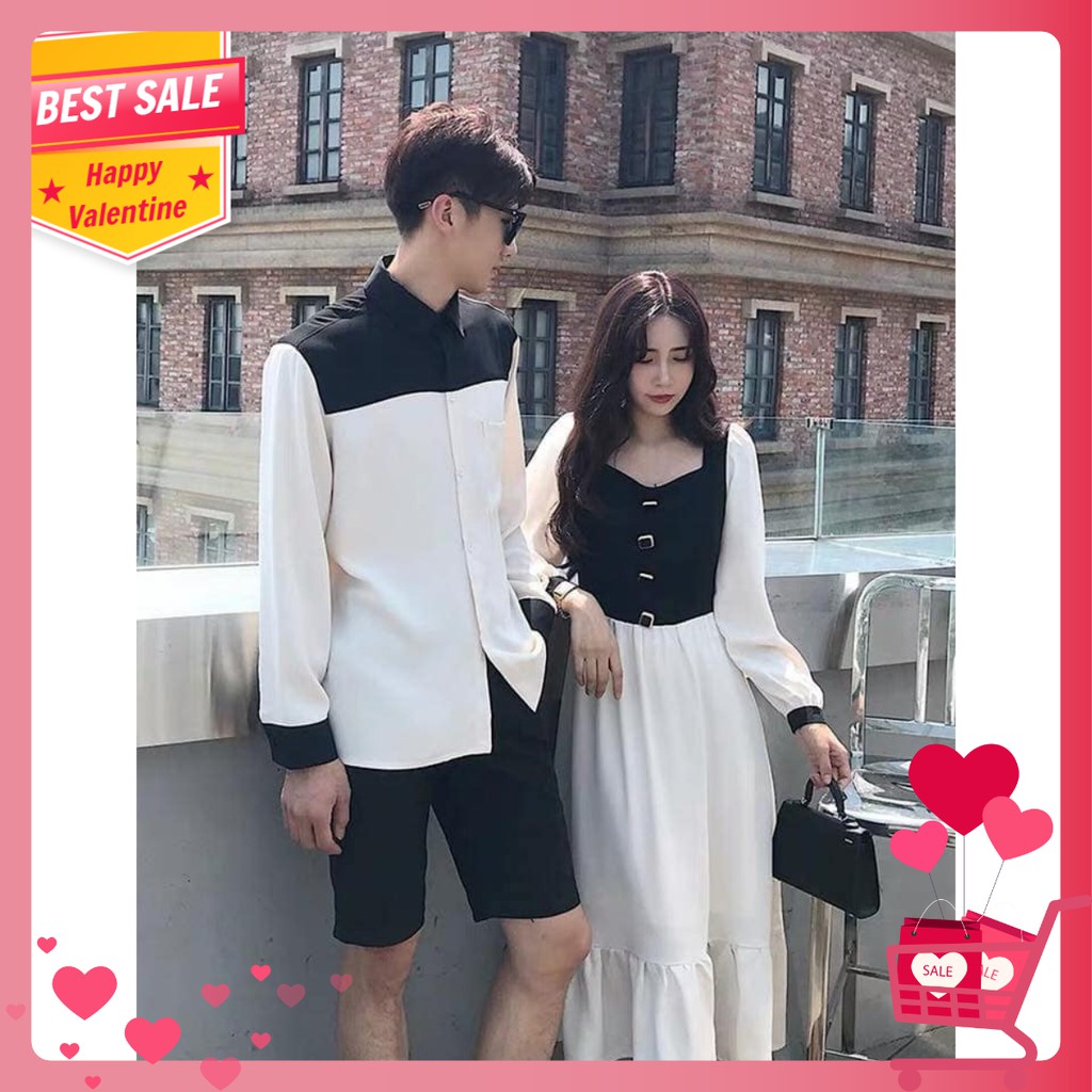 Áo cặp nam nữ ❤FREESHIP❤ Áo đôi nam nữ váy đuôi cá áo sơ mi tay dài cặp Hàn Quốc phối trắng đen VSM AV90