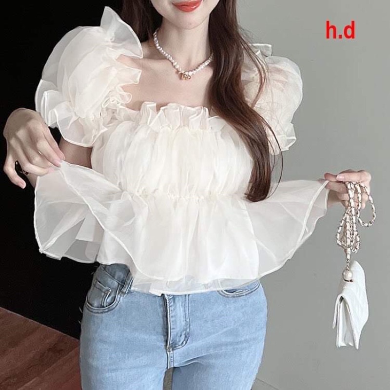 Áo trễ vai tay bồng voan lụa 2 lớp cộc tay kiểu dáng hàn quốc ulzzang vintage tiểu thư ❤Croptop Tay Phồng Màu Trơn