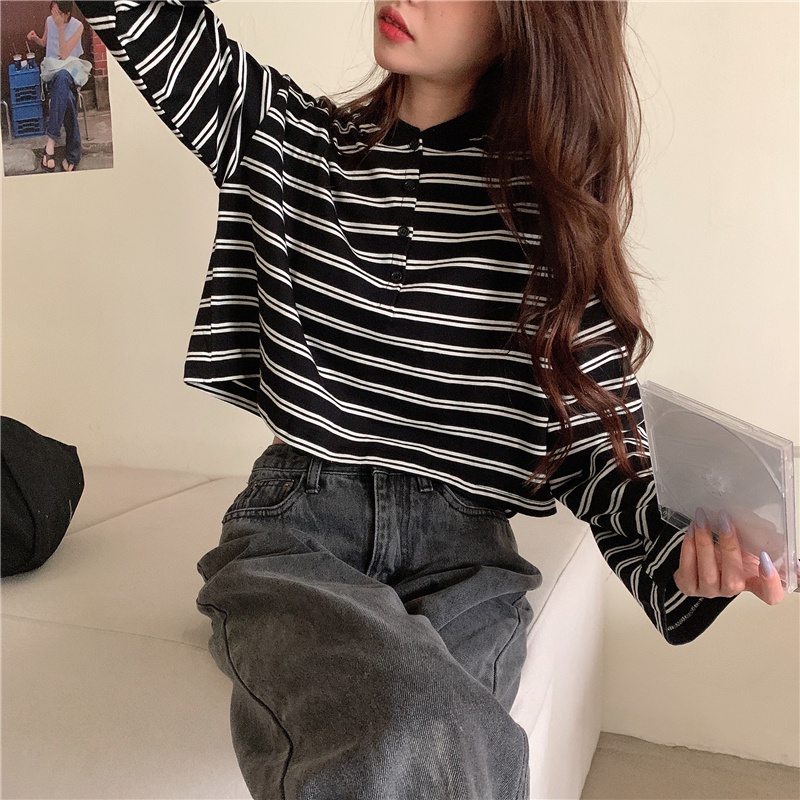 【ZHELIHANGFEI】Áo Thun POLO Tay Dài Form Rộng Họa Tiết Sọc Dễ Phối Đồ