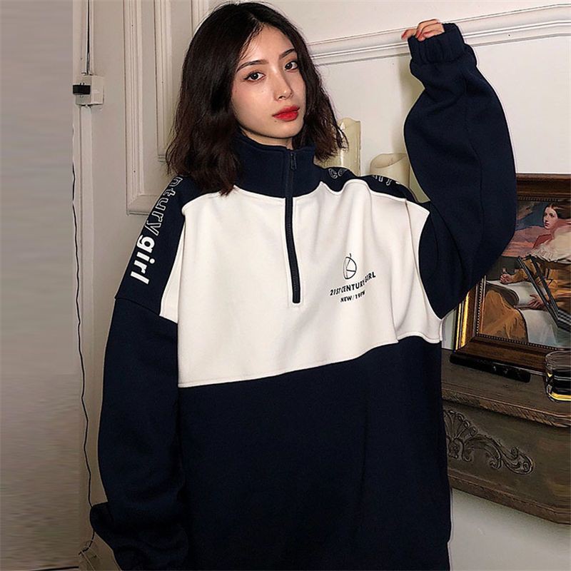 [Order] Áo sweater nỉ da cá dáng rộng trắng và xanh than màu cá tính dáng rộng cổ cao kéo khóa ulzzang (ảnh thật) | BigBuy360 - bigbuy360.vn