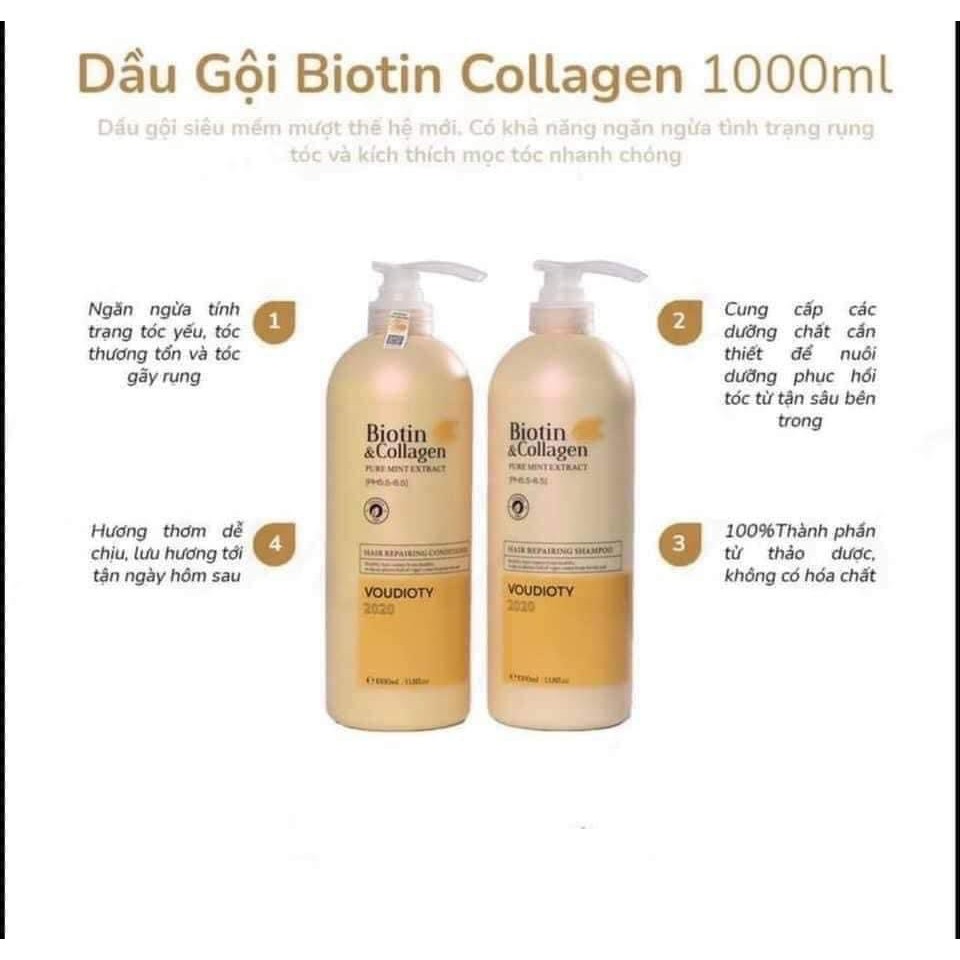 Cặp Dầu Gội Xả BIOTIN VÀNG - BIOTIN COLLAGEN Giảm Rụng Tóc Phục Hồi Khô Sơ Hư Tổn 1000ML