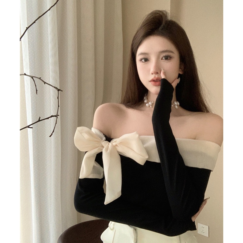 Áo Kiểu Tay Dài Trễ Vai Phối Nơ Thiết Kế Hợp Thời Trang