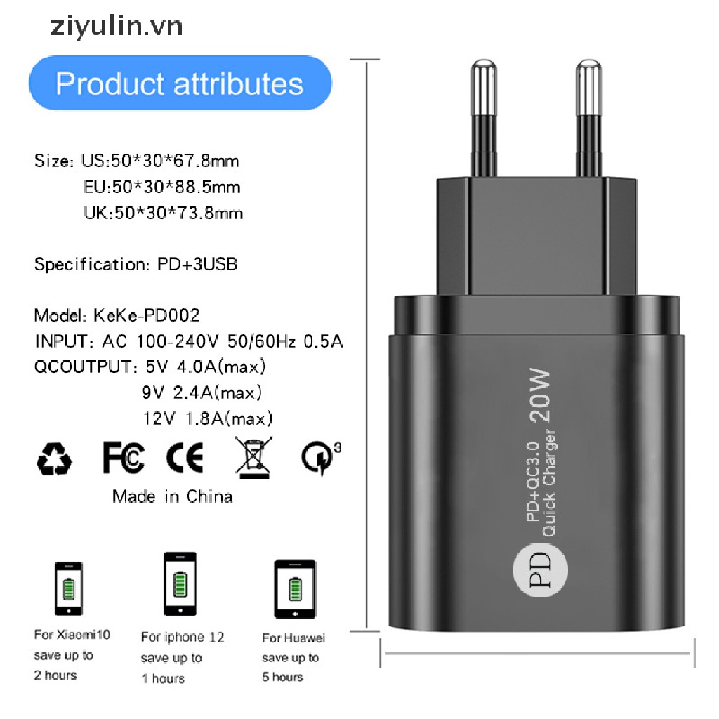 Củ Sạc Nhanh ziyulin Super Si 36W USB C Cho iPhone 13 Type C QC 3.0 PD