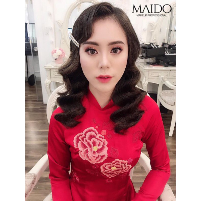 Áo dài gấm tơ 2 tà đỏ tươi thêu hoa hồng