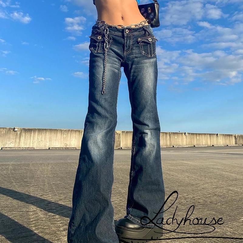Quần Jeans Denim Lưng Cao Ống Rộng Có Túi Phong Cách Hip Hop Cho Nữ