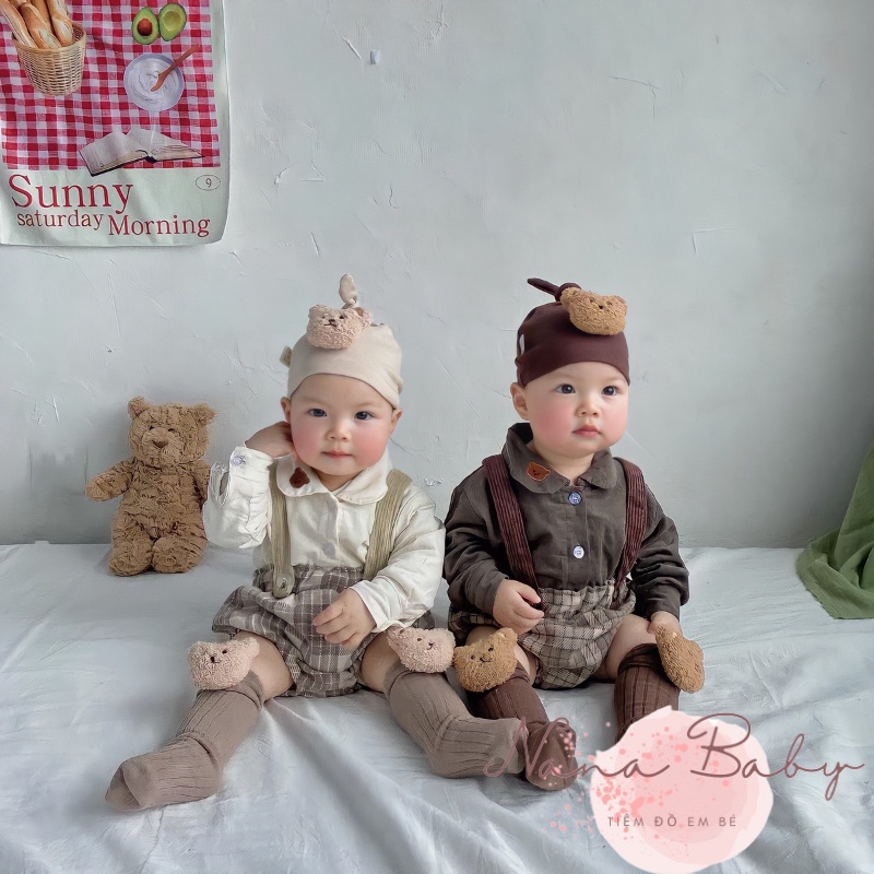 Mũ nón chất cotton thắt nút đính gấu đáng yêu cho bé 0-12m NanaBaby MD63