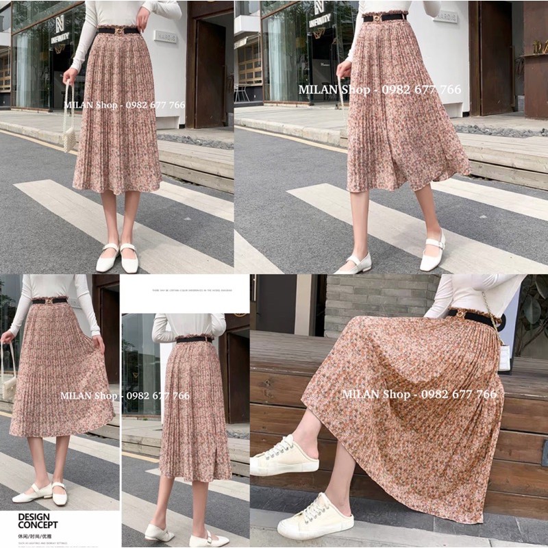 Chân váy voan hoa dập ly kèm đai mẫu mới | BigBuy360 - bigbuy360.vn